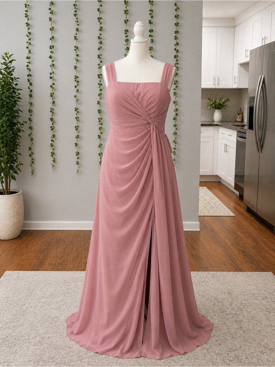 Dresses & Skirts - Elegant Dusty Rose Chiffon Evening Dress - Sleeveless Ruched Bodice